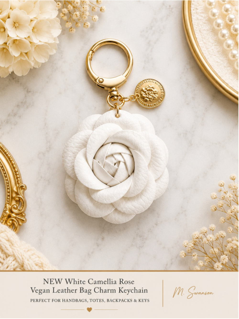 White Camellia Rose Vegan Leather Bag Charm Keychain NWT